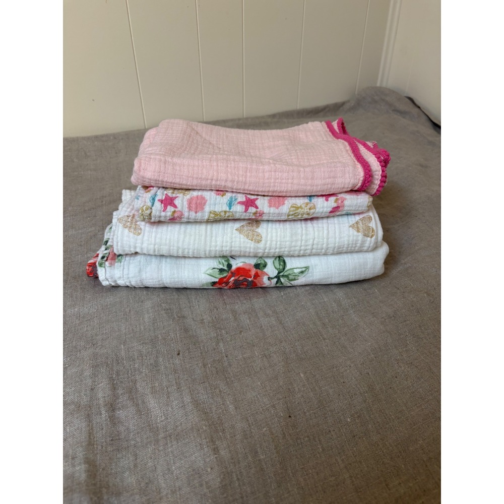 Chick Pea Just Born Muslin Swaddle Blanket Set 4 Pack Cotton Pink Floral Hearts